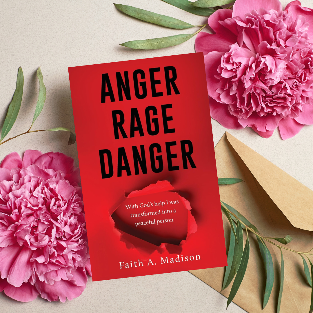 Mock up of Anger Rage Danger book with flowers, plants, and envelopes
